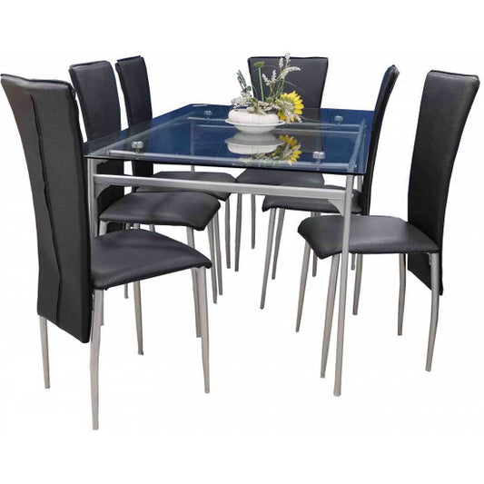 Dining Table Set 7 Pieces (1 Table - 6 Chairs) Silver Tube #8019
